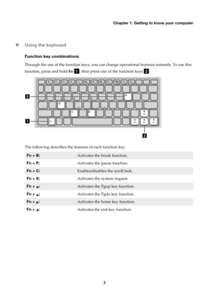 Page 7Chapter 1. Getting to know your computer
3

Usin g the keyboard
Function key combinations
Through the use of the function keys, you can chan ge operational features instantly. To use this 
function, press and hold  Fn 
; then press one of the function keys .
The following describes the features of each function key.
Fn + B:Activates the break function.
Fn + P: Activates the pause function.
Fn + C:Enables/disables the scroll lock.
Fn + S:Activates the system request.
Fn + :Activates the Pgup key...