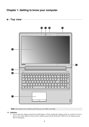 Page 51
Chapter 1. Getting to know your computer
Top view  
 - - - - - - - - - - - - - - - - - - - - - - - - - - - - - - - - - - - - - - - - - - - - - - - - - - - - - - - - - - - - - - - - - - - - - - - - - - - - - - - - - - - - - - - - - - - - - - - - - - - - - - - - - - - - - - - - - - - - - - - - - - 
Note: The dashed areas indicate parts that are not visible externally.
 Attention: 
• Do not  open the display panel beyond 180 degrees.  When closing the display panel, be careful not to leave 
pens or any...