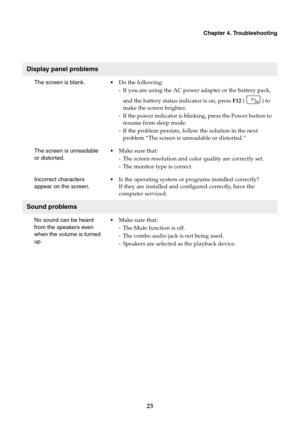 Page 27
 
  
       
         
 
   
    
     
 
 
 
     
Chapter 4. Troubleshooting 
Display panel problems 
The screen is blank. 
The screen is unreadable 
or distorted. 
Incorrect characters 
appear on the screen. 
Sound problems 
No sound can be heard 
from the speakers even 
when the volume is turned 
up.  •	 
Do the following: 
- If you are using the AC power adapter or the battery pack, 
and the battery status indicator is on, press  F12 ( 
) to 
make the screen brighter. 
- If the power indicator is...