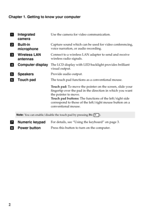 Page 6aIntegrated 
cameraUse the camera for video communication.
bBuilt-in 
microp
honeCapture sound which can be used for video conferencing, 
voice narration, or audio recording.
cWireless LAN 
an
tennasConnect to a wireless LAN adapter to send and receive 
wireless radio signals.
d Computer displayThe LCD display with LED ba cklight provides brilliant 
visual output.
e SpeakersProvide audio output.
fTouch padThe touch pad functions as  a conventional mouse.
Touch pad:  T
 o move the pointer on  the screen,...