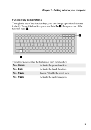 Page 9Chapter 1. Getting to know your computer
5
Function key combinations
Through the use of the function keys, you can change operational features 
instantly. To use this function, press and hold Fn a ; then press one of the 
function keys b .
b
a
The following describes the features of each function key.
Fn + Home:Activate the pause function.
Fn + End:
Activate the break function.
Fn + PgUp:Enable/Disable the scroll lock.
Fn + PgDn Activate the system request. 