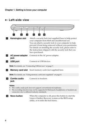 Page 10Chapter 1. Getting to know your computer
6
Left-side view  - - - - - - - - - - - - - - - - - - - - - - - - - - - - - - - - - - - - - - - - - - - - - - - - - - - - - - - - - - - - - - -  - - - - - - - - - - - - - - - - - - - - - - - 
ab def
c
a Kensington slotAttach a security lock (not supplied) here to help protect 
your computer from theft and unauthorized use.
You can attach a security lock to your computer to help 
preve

nt it from being remove d without your permission.
For details on installing...