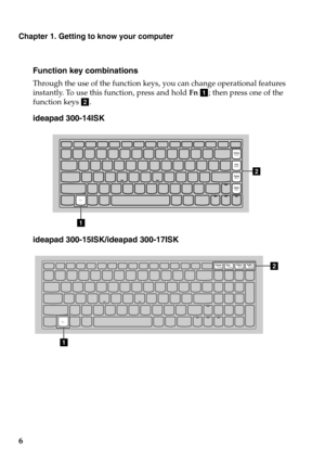 Page 10
Chapter 1. Getting to know your computer
6
Function key combinations
Through the use of the function keys, you can change operational features 
instantly. To use this function, press and hold  Fn a ; then press one of the 
function keys  b.
ideapad 300-14ISK
b
a
ideapad 300-15ISK/ideapad 300-17ISK
b
a 