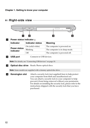 Page 16Chapter 1. Getting to know your computer
12
Right-side view  - - - - - - - - - - - - - - - - - - - - - - - - - - - - - - - - - - - - - - - - - - - - - - - - - - - - - - - - - - - - - - - - - - - - - - - - - - - - - - - - - - 
aPower status indicator 
Indicator Indicator status Meaning
Power sta tus 
indic a

torOn (solid white) The computer is powered on.
Blinking The computer is in sleep mode.
Off The computer is powered off.
bUSB portConnects to USB devices.
Note: For details, see “Connecting USB...