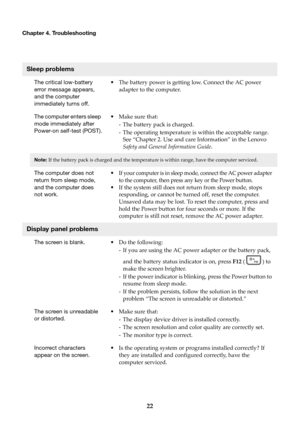 Page 2622
Chapter 4. Troubleshooting
Sleep problems
The critical low-battery 
error message appears, 
and the computer 
immediately turns off.•
The battery power is getting low. Connect the AC power 
adapter to the computer.
The computer enters sleep 
mo
 de immediately after 
Power-on self-test (POST). •
Make sur e that:
- The battery pack is charged.
- The operating temperature is within the acceptable range.  See “Chapt
 er 2. Use and care Information” in the Lenovo 
Safety and General Information Guide ....
