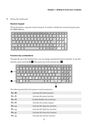 Page 7Chapter 1. Getting to know your computer
3

Usin g the keyboard
Numeric keypad
The keyboard has a separate nu meric keypad. To enable or disable the numeric keypad, press 
the  Num Lock  key.
Function key combinations
Through the use of the function keys, you can chan ge operational features instantly. To use this 
function, press and hold  Fn 
a; t

hen press one of the function keys 
b.
1
2
2
T

he following describes the features of each function key.
Fn + B:Activates the break function.
Fn + P:...