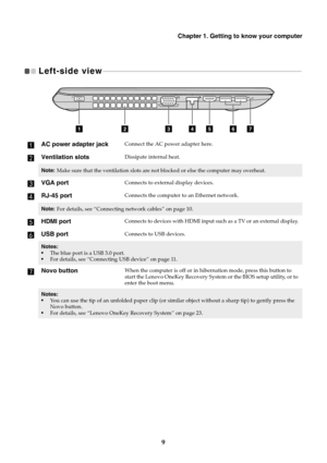 Page 15Chapter 1. Getting to know your computer
9
Left-side view 
- - - - - - - - - - - - - - - - - - - - - -  - - - - - - - - - - - - - - - - - - - - - - - - - - - - - - - - - - - - - - - - - -  - - - - - - - - - - - - - - - - - - - - - - - - - - - - - - - - - - - - - - - - - - - - - - 
aAC power adapter jackConnect the AC power adapter here.
bVentilation slotsDissipate internal heat.
Note:Make sure that the ventilation slots are not  blocked or else the computer may overheat.
cVGA portConnects to external...