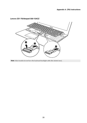 Page 39Appendix A. CRU instructions
33
Lenovo Z51-70/ideapad 500-15ACZ
Note:Select models do not have the keyboa rd backlight cable (the dashed area).
45
5 