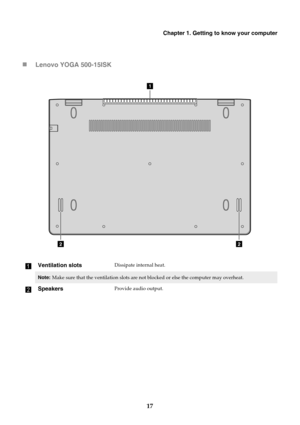 Page 21Chapter 1. Getting to know your computer
17 Lenovo YOGA 500-15ISK
a
Ventilation slotsDissipate internal heat.
Note:Make sure that the ventilation slots are not blocked or else the computer may overheat.
bSpeakersProvide audio output.
1
22 