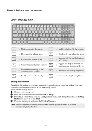 Page 106
Chapter 1. Getting to know your computer
Lenovo YOGA 500-15ISK
Setting hotkey mode
By default, the hotkey functions are accessible by pressing the appropriate hotkey. However, 
you can disable the hotkey mode in the BIOS setup utility.
To disable the hotkey mode:
1Shut down the computer.
2Press the Novo button and then select BIOS Setup.
3In the BIOS setup utility, open the Configuration menu, and change the setting of HotKey 
Mode from Enabled to Disabled.
4Open the Exit menu, and select Exit Saving...