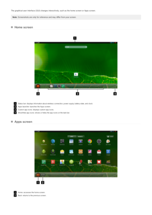 Page 9The graphical user interface (GUI) changes interactively, such as the home screen or Apps screen.
Note: Screenshots are only for reference and may differ from your screen.
Home screen
1Status  b ar: d is p lays  inf o rmatio n ab o ut wire le s s  c o nne c tio n, p o we r s up p ly, b atte ry s tate , and  c lo c k.
2Ap p s  launc he r: launc he s  the  Ap p s  s c re e n.
3Custom app icons: displays custom app icons.
4Show/hide app icons: shows or hides the app icons on the task bar.
Apps screen
1Home:...
