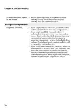 Page 3026
Chapter 4. Troubleshooting
Incorrect characters appear 
on the screen.Are the operating system or programs installed 
correctly? If they are installed and configured 
correctly, have the computer serviced.
BIOS password problems
I forgot my password.If you forget your user password, you must ask the 
system administrator to reset your user password.
If you forget your HDD password, a Lenovo 
authorized servicer cannot reset your password or 
recover data from the hard disk. You must take your...