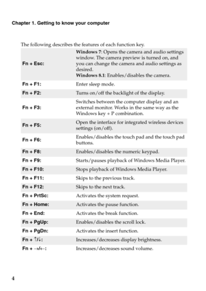 Page 84
Chapter 1. Getting to know your computer
The following describes the features of each function key.
Fn + Esc:
Windows 7: Opens the camera and audio settings 
window. The camera preview is turned on, and 
you can change the camera and audio settings as 
desired.
Windows 8.1: Enables/disables the camera.
Fn + F1:Enter sleep mode.
Fn + F2:Turns on/off the backlight of the display.
Fn + F3:Switches between the computer display and an 
external monitor. Works in the same way as the 
Windows key + P...
