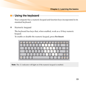 Page 29Chapter 2. Learning the basics
15
Using the keyboard - - - - - - - - - - - - - - - - - - - - - - - - - - - - - - - - - - - - - - - - - - - - - - - - - - - - - - - - - - - - - - - - - - - - - -
Your computer has a numeric keypad and function keys incorporated in its 
standard keyboard. 
„Numeric keypad
The keyboard has keys that, when enabled, work as a 10-key numeric 
keypad.
To enable or disable the numeric keypad, press Fn+Insert.
Note:The   indicator will light on if the numeric keypad is enabled. 
