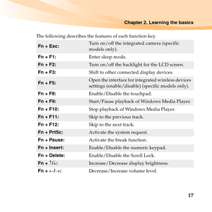 Page 31Chapter 2. Learning the basics
17
The following describes the features of each function key.
Fn + Esc: Turn on/off the integrated camera (specific 
models only).
Fn + F1:Enter sleep mode.
Fn + F2:Turn on/off the backlight for the LCD screen.
Fn + F3:Shift to other connected display devices.
Fn + F5: Open the interface for integrated wireless devices 
settings (enable/disable) (specific models only).
Fn + F8:Enable/Disable the touchpad.
Fn + F9:Start/Pause playback of Windows Media Player. 
Fn + F10:Stop...