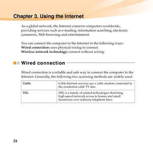 Page 3824
Chapter 3. Using the Internet
As a global network, the Internet connects computers worldwide, 
providing services such as e-mailing, information searching, electronic 
commerce, Web browsing and entertainment.
You can connect the computer to the Internet in the following ways:
Wired connection: uses physical wiring to connect.
Wireless network technology: connect without wiring.
Wired connection  - - - - - - - - - - - - - - - - - - - - - - - - - - - - - - - - - - - - - - - - - - - - - - - 
Wired...