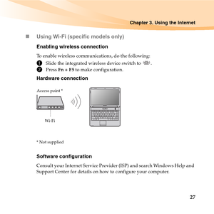 Page 41Chapter 3. Using the Internet
27 „Using Wi-Fi (specific models only)
Enabling wireless connection
To enable wireless communications, do the following:
1Slide the integrated wireless device switch to  .
2Press Fn + F5 to make configuration.
Hardware connection
Software configuration
Consult your Internet Service Provider (ISP) and search Windows Help and 
Support Center for details on how to configure your computer.
Access point *
Wi - Fi
* Not supplied 