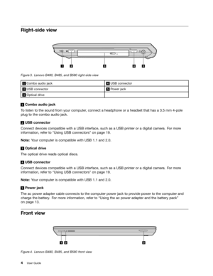 Page 20 

5LJKWVLGH
YLHZ 
 
)LJXU
H /
HQRYR %%DQG% ULJKWVLGH YLHZ 
  &RPER
DXGLRMDFN    86%
FRQQHFW RU 
  86%
FRQQHFW RU    3
RZHU MDFN 
  2SWLFDO
GULYH 
 
&RPER
DXGLRMDFN
7
R OLVW HQ WR WKH VRXQG IURP \RXU FRPSXW HUFRQQHFW DKHDGSKRQH RUDKHDGVHW WKDWKDVD PP SROH
SOXJ
WR WKH FRPER DXGLRMDFN 
 
86%
FRQQHFW RU
&RQQHFW
GHYLFHVFRPSDWLEOH ZLWKD86% LQWHUIDFH VXFKDVD86% SULQWHURU DGLJLWDO FDPHUD)RU PRU H
LQIRUPDWLRQ
UHIHU WR W8VLQJ 86%FRQQHFW RUVXRQSDJH  
1RW
H