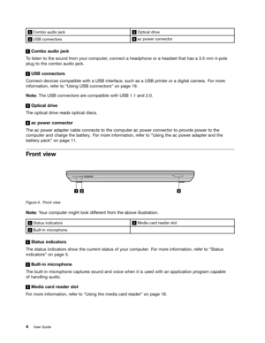 Page 18 

  &RPER
DXGLRMDFN    2SWLFDO
GULYH 
  86%
FRQQHFW RUV    DF
SRZHU FRQQHFW RU 
 
&RPER
DXGLRMDFN
7
R OLVW HQ WR WKH VRXQG IURP \RXU FRPSXW HUFRQQHFW DKHDGSKRQH RUDKHDGVHW WKDWKDVD PP SROH
SOXJ
WR WKH FRPER DXGLRMDFN 
 
86%
FRQQHFW RUV
&RQQHFW
GHYLFHVFRPSDWLEOH ZLWKD86% LQWHUIDFH VXFKDVD86% SULQWHURU DGLJLWDO FDPHUD)RU PRU H
LQIRUPDWLRQ
UHIHU WR W8VLQJ 86%FRQQHFW RUVXRQSDJH  
1RW
H7KH 86% FRQQHFW RUVDUHFRPSDWLEOH ZLWK86% DQG  
 
2SWLFDO
GULYH
7KH
RSWLFDO GULYHUHDGV RSWLFDO...