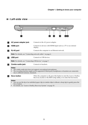 Page 9Chapter 1. Getting to know your computer
5
Left-side view  - - - - - - - - - - - - - - - - - - - - - - - - - - - - - - - - - - - - - - - - - - - - - - - - - - - - - - - - - - - - - - - - - - - - - - - - - - - - - - - - - - - - - - - - - - - - - - - - - - - - - - - - - - - - - - 
aAC power adapter jackConnects to the AC power adapter.
bHDMI portConnects to devices with HDMI input such as a TV or an external 
display.
cRJ-45 portConnects the computer to an Ethernet network.
Note:For details, see...