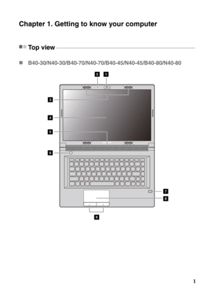 Page 71
Chapter 1. Getting to know your computer
Top view  - - - - - - - - - - - - - - - - - - - - - - - - - - - - - - - - - - - - - - - - - - - - - - - - - - - - - - - - - - - - - - - - - - - - - - - - - - - - - - - - - - - - - - - - - - - - - - - - - - - - - - - - - - - - - - - - - - - - - - - - -
„B40-30/N40-30/B40-70/N40-70/B40-45/N40-45/B40-80/N40-80 
21
4
5
6
8
9
7
3 