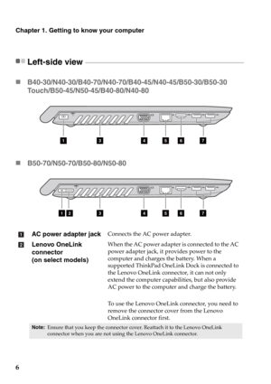 Page 126
Chapter 1. Getting to know your computer
Left-side view  - - - - - - - - - - - - - - - - - - - - - - - - - - - - - - - - - - - - - - - - - - - - - - - - - - - - - - - - - - - - - - - - - - - - - - - - - - - - - - - - - - - - - - - - - - - - - - - - - - - - - - - - - - 
„B40-30/N40-30/B40-70/N40-70/B40-45/N40-45/B50-30/B50-30 
Touch/B50-45/N50-45/B40-80/N40-80
„B50-70/N50-70/B50-80/N50-80
AC power adapter jackConnects the AC power adapter.
Lenovo OneLink 
connector
 
(on select models)
When the AC power...
