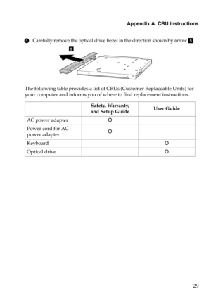 Page 33Appendix A. CRU instructions
29
5Carefully remove the optical drive bezel in the direction shown by arrow .
The following table provides a list of CRUs (Customer Replaceable Units) for  
your computer and informs you of where to find replacement instructions.
Safety, Warranty, 
and Setup GuideUser Guide
AC power adapterO
Power cord for AC 
power adapter O
KeyboardO
Optical driveO 