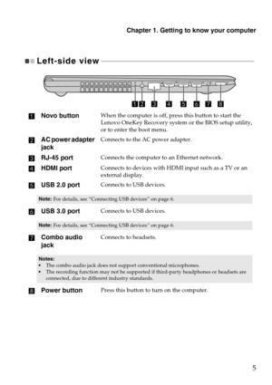 Page 9Chapter 1. Getting to know your computer
5
Left-side view - - - - - - - - - - - - - - - - - - - - - - - - - - - - - - - - - - - - - - - - - - - - - - - - - - - - - - - - - - - - - - - - - - - - - - - - - - - - - - - - - - - - - - 
Novo buttonWhen the computer is off,  press this button to start the 
Lenovo OneKey Recovery system  or the BIOS setup utility, 
or to enter the boot menu.
AC power adapter 
jackConnects to the AC power adapter.
RJ-45 portConnects the computer to an Ethernet network.
HDMI...