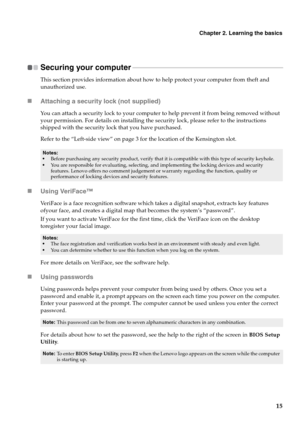 Page 23Chapter 2. Learning the basics
15
Securing your computer - - - - - - - - - - - - - - - - - - - - - - - - - - - - - - - - - - - - - - - - - - - - - - - - - - - - - - - - - - - - - - - - - - - - - - - - - - - - - - - - - - - - - - - - - - -
This section provides information about how to help protect your computer from theft and 
unauthorized use.
„Attaching a security lock (not supplied)
You can attach a security lock to your computer to help prevent it from being removed without 
your permission. For...