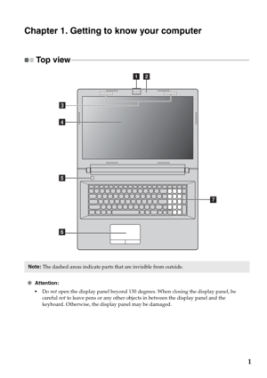 Page 51
Chapter 1. Getting to know your computer
Top view - - - - - - - - - - - - - - - - - - - - - - - - - - - - - - - - - - - - - - - - - - - - - - - - - - - - - - - - - - - - - - - - - - - - - - - - - - - - - - - - - - - - - - - - - - - - - - - - - - - - - - 
Note:The dashed areas indicate parts that are invisible from outside.
Attention:
•Do not open the display panel beyond 130 degrees. When closing the display panel, be 
careful not to leave pens or any other objects in between the display panel and the...