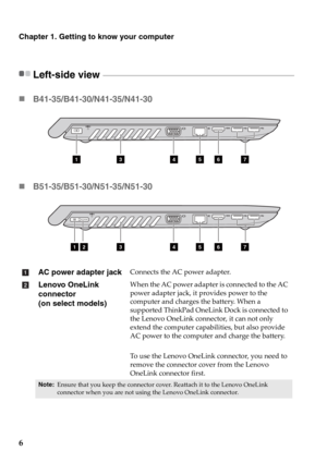 Page 126
Chapter 1. Getting to know your computer
Left-side view  - - - - - - - - - - - - - - - - - - - - - - - - - - - - - - - - - - - - - - - - - - - - - - - - - - - - - - - - - - - - - - - - - - - - - - - - - - - - - - - - - - - - - - - - - - - - - - - - - - - - - - - - - - 
„B41-35/B41-30/N41-35/N41-30
„B51-35/B51-30/N51-35/N51-30
AC power adapter jackConnects the AC power adapter.
Lenovo OneLink 
connector
 
(on select models)
When the AC power adapter is connected to the AC 
power adapter jack, it...