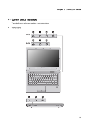 Page 27Chapter 2. Learning the basics
23
System status indicators - - - - - - - - - - - - - - - - - - - - - - - - - - - - - - - - - - - - - - - - - - - - - - - - - - - - - - - - - - - - - - - - - - - - - - - - - - - - - - - - - - - - - - - - - - -
These indicators inform you of the computer status.
„V470/B470
abc
abcd
V470
B470
efg 