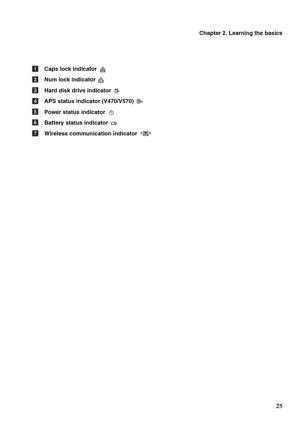 Page 29Chapter 2. Learning the basics
25
Caps lock indicator 
Num lock indicator 
Hard disk drive indicator 
APS status indicator (V470/V570) 
Power status indicator 
Battery status indicator 
Wireless communication indicator a
b
c
d
e
f
g 