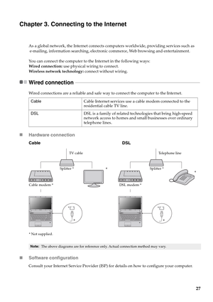 Page 3127
Chapter 3. Connecting to the Internet
As a global network, the Internet connects computers worldwide, providing services such as
 e-mailing, information searching, electronic commerce, Web browsing and entertainment.
You can connect the computer to the Internet in the following ways:
Wired connection: use physical wiring to connect.
Wireless network technology: connect without wiring.
Wired connection  - - - - - - - - - - - - - - - - - - - - - - - - - - - - - - - - - - - - - - - - - - - - - - - - - -...