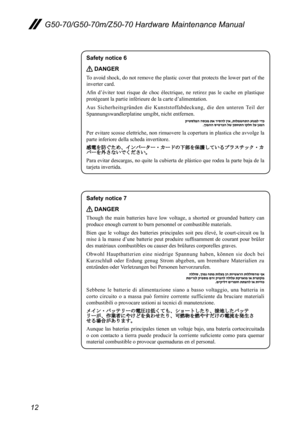 Page 1612
G50-70/G50-70m/Z50-70 Hardware Maintenance Manual
Safety notice 6
 DANGER
To avoid shock, do not remove the plastic cover that protects the lower p\
art of the 
inverter card.
Afin  d’éviter  tout  risque  de  choc  électrique,  ne  retirez  pas  le  cache  en  plastique 
protégeant la partie inférieure de la carte d’alimentation.
Aus  Sicherheitsgründen  die  Kunststoffabdeckung,  die  den  unteren  Teil  der 
Spannungswandlerplatine umgibt, nicht entfernen.
Per evitare scosse elettriche, non...