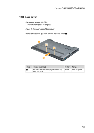 Page 3733
Lenovo G50-70/G50-70m/Z50-70
1020 Base cover
For	access,	remove	this	FRU:
•	“1010	Battery	pack”	on	page	32
Figure 2. Removal steps of base cover 
Remove	the	screws	1.	Then	remove	the	base	cover	2.




StepScrew (quantity)ColorTorque
1M2.5	×	6	mm,	flat-head,	nylok-coated	(3)	Big	Door	to	DBlack2.5	~	3.0	kgf*cm 