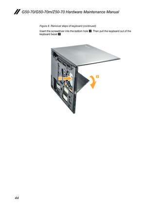 Page 4844
G50-70/G50-70m/Z50-70 Hardware Maintenance Manual
Figure 8. Removal steps of keyboard (continued) 
Insert	the	screwdriver	into	the	bottom	hole	2.	Then	pull	the	keyboard	out	of	the	keyboard	bezel	3.	
 