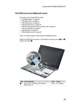 Page 5349
Lenovo G50-70/G50-70m/Z50-70
1100 ODD board and USB&audio board
For	access,	remove	these	FRUs	in	order:
•	“1010	Battery	pack”	on	page	32
•	“1020	Base	cover”	on	page	33
•	“1030	Optical	drive”	on	page	35
•	“1040	Hard	disk	drive”	on	page	36
•	“1050	PCI	Express	Mini	Card	for	wireless	LAN”	on	page	38
•	“1070	Fan	assembly”	on	page	41
•	“1080	Keyboard”	on	page	43
•	“1090	Keyboard	bezel”	on	page	46
Figure 10. Removal steps of ODD board and USB&audio board 
Detach	the	ODD	 board	 connector	 in	the	 directions...