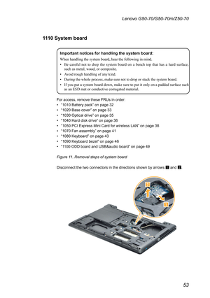 Page 5753
Lenovo G50-70/G50-70m/Z50-70
111 0  System board
Important notices for handling the system board:
When handling the system board, bear the following in mind.
•  Be  careful  not  to  drop  the  system  board  on  a  bench  top  that  has  a  hard  surface, 
such as metal, wood, or composite.
•  Avoid rough handling of any kind.
•  During the whole process, make sure not to drop or stack the system board.
•  If you put a system board down, make sure to put it only on a padded surface such 
as an ESD...