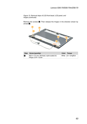 Page 6763
Lenovo G50-70/G50-70m/Z50-70
Figure 15. Removal steps of LCD front bezel, LCD panel, and  hinges (continued)
Remove	the	screws 	5.	 Then	 release	 the	hinges 	in	 the	 direction	 shown	by	arrows	6.





StepScrew (quantity)ColorTorque
5M2.5	×	3.5	mm,	flat-head,	nylok-coated	(4)	Hinge	L 	&	R	+	CoverWhite2.5	~	3.0	kgf*cm 