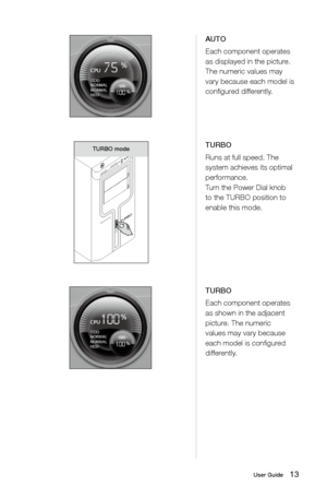 Page 1813User Guide
TURBO
Each component operates 
as shown in the adjacent 
picture. The numeric 
values may vary because 
each model is configured 
differently.
AUTO
Each component operates 
as displayed in the picture. 
The numeric values may 
vary because each model is 
configured differently.
TURBO
TURBO modeTURBO
Runs at full speed. The 
system achieves its optimal 
performance.
Turn the Power Dial knob 
to the TURBO position to 
enable this mode.  