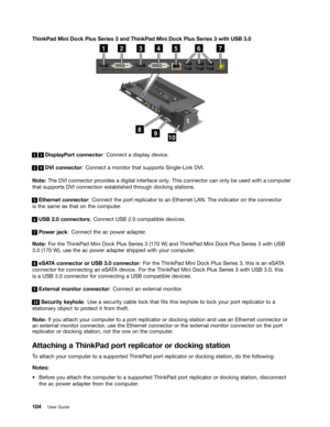 Page 122 

7KLQN3
DG0LQL RFN 3OXV6HULHV DQG 7KLQN3 DG0LQL RFN 3OXV6HULHV ZLWK 86%  
   LVSOD\3
RUWFRQQHFW RU&RQQHFW DGLVSOD\ GHYLFH 
   9,
FRQQHFW RU&RQQHFW DPRQLW RUWKDW VXSSRU WV6LQJOH/LQN 9,
1RW
H7KH 9,FRQQHFW RUSURYLGHV DGLJLWDO LQWHUIDFH RQO\7KLV FRQQHFW RUFDQ RQO\ EHXVHG ZLWKDFRPSXW HU
WKDW
VXSSRU WV9, FRQQHFWLRQ HVWDEOLVKHG WKURXJK GRFNLQJ VWDWLRQV 
 
(
WKHUQHW FRQQHFW RU&RQQHFW WKHSRUWUHSOLFDW RUWR DQ (WKHUQHW /$17KHLQGLFDW RURQ WKH FRQQHFW RU
LV
WKH VDPH DVWKDW RQWKH FRPSXW HU 
...