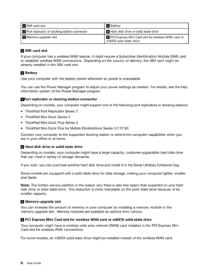 Page 24 

  6,0
FDUGVORW    %DWW
HU\ 
  3
RU WUHSOLFDW RURUGRFNLQJ VWDWLRQFRQQHFW RU    +DU
GGLVN GULYH RUVROLG VWDWHGULYH 
  0HPRU
\XSJUDGHVORW    3&,
([SU HVV0LQL &DU G VORW IRUZLUHOHVV :$1 FDUGRU
P6$
7$ VROLG VWDWHGULYH 
 
6,0
FDUGVORW
,I
\RXU FRPSXW HUKDV DZLU HOHVV :$1 IHDWXU HLWPLJKW UHTXLU HD6XEVFULEHU ,GHQWL1FDWLRQ 0RGXOH6,0FDUG
W
R HVWDEOLVK ZLUHOHVV :$1 FRQQHFWLRQV HSHQGLQJRQWKH FRXQWU \RI GHOLYHU \WKH 6,0 FDUGPLJKW EH
DOU
HDG\ LQVWDOOHG LQWKH 6,0 FDUGVORW 
 
%DWW
HU\
8VH
\RXU FRPSXW...