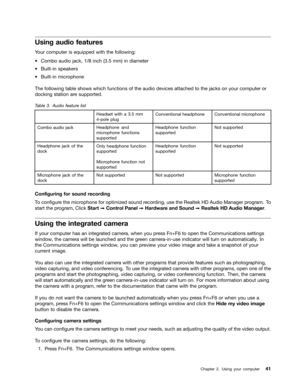 Page 59 

8VLQJ
DXGLRIHDWXUHV 
<
RXU FRPSXW HULVHTXLSSHG ZLWKWKHIROORZLQJ
a
&RPER DXGLRMDFNLQFK PP LQGLDPHW HU
a
%XLOWLQ VSHDNHUV
a
%XLOWLQ PLFURSKRQH
7KH
IROORZLQJ WDEOHVKRZV ZKLFKIXQFWLRQV RIWKH DXGLR GHYLFHV DWWDFKHG WR WKH MDFNV RQ\RXU FRPSXW HURU
GRFNLQJ
VWDWLRQDUH VXSSRU WHG 
7
DEOH $XGLR IHDWXUHOLVW +HDGVHW
ZLWKD PP
SROH
SOXJ
&RQYHQWLRQDOKHDGSKRQH &RQYHQWLRQDOPLFURSKRQH&RPER
DXGLRMDFN
+HDGSKRQHDQG
PLFU
RSKRQH IXQFWLRQV
VXSSRU
WHG
+HDGSKRQHIXQFWLRQ
VXSSRU
WHG
1RWVXSSRU WHG...