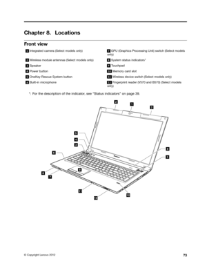 Page 79 

&KDSW
HU /
RFDWLRQV 
)
URQW YLHZ   ,QW
HJU DWHG FDPHU D6HOHFW PRGHOV RQO\    *38
*UDSKLFV 3URFHVVLQJ 8QLWVZLWFK 6HOHFW PRGHOV
RQO\    :
LUHOHVV PRGXOH DQWHQQDV 6HOHFW PRGHOV RQO\    6
\VW HP VWDWXV LQGLFDWRUV 
   6SHDN
HU    7
RXFKSDG    3
RZHU EXWWRQ    0HPRU
\FDU GVORW   2QH.
H\5HVFXH 6\VW HP EXWW RQ    :
LUHOHVV GHYLFH VZLWFK6HOHFW PRGHOV RQO\   %XLOWLQ
PLFURSKRQH    )LQJHUSULQW
UHDGHU 9 DQG% 6HOHFW PRGHOV
RQO\   

)RU WKH GHVFULSWLRQ RIWKH LQGLFDW RUVHH...