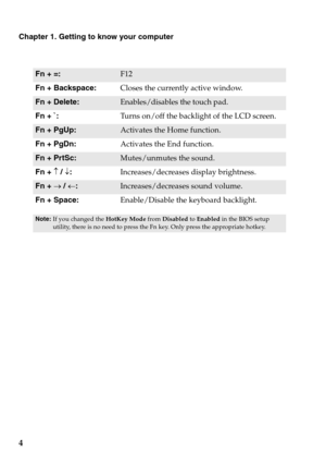 Page 8
4
Chapter 1. Getting to know your computer
Fn + =:F12
Fn + Backspace: Closes the currently active window.
Fn + Delete:Enables/disables the touch pad.
Fn + `: Turns on/off the backlight of the LCD screen.
Fn + PgUp:Activates the Home function.
Fn + PgDn: Activates the End function.
Fn + PrtSc:Mutes/unmutes the sound.
Fn +  ↑ /  ↓: Increases/decreases display brightness.
Fn + → / ← :Increases/decreases sound volume.
Fn + Space: Enable/Disable the keyboard backlight.
Note:If you changed the  HotKey Mode...