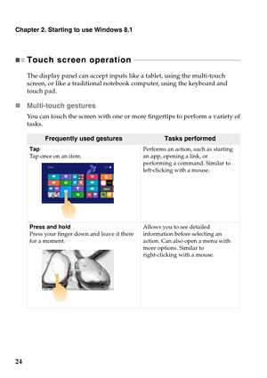 Page 28Chapter 2. Starting to use Windows 8.1
24
Touch screen operation  - - - - - - - - - - - - - - - - - - - - - - - - - - - - - - - - - - - - - - - - - - - - - - - - - - - - - - - - - - - - - 
The display panel can accept inputs like a tablet, using the multi-touch 
screen, or like a traditional notebook computer, using the keyboard and 
touch pad.
Multi-touch gestures
You can touch the screen with one or more fingertips to perform a variety of 
tasks.
Frequently used gesturesTasks performed
Tap
Tap once on...