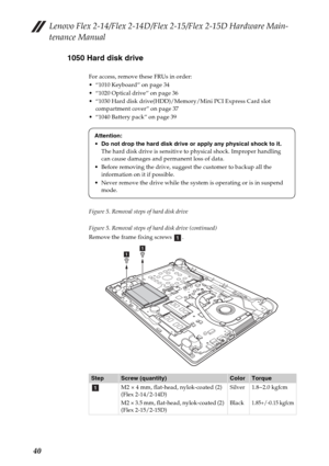 Page 44Lenovo Flex 2-14/Flex 2-14D/Flex 2-15/Flex 2-15D Hardware Main-
tenance Manual
401050 Hard disk drive
For access, remove these FRUs in order:
 “1010 Keyboard” on page 34
 “1020 Optical drive” on page 36
 “1030 Hard disk drive(HDD)/Memory/Mini PCI Express Card slot 
compartment cover” on page 37
 “1040 Battery pack” on page 39
Figure 5. Removal steps of hard disk drive
Figure 5. Removal steps of hard disk drive (continued)
Remove the frame fixing screws  .
StepScrew (quantity)ColorTorque
M2 × 4 mm,...