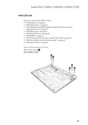 Page 57Lenovo Flex 2-14/Flex 2-14D/Flex 2-15/Flex 2-15D
53 1100 LCD unit
For access, remove these FRUs in order
 “1010 Keyboard” on page 34
 “1020 Optical drive” on page 36
 “1030 Hard disk drive(HDD)/Memory/Mini PCI Express Card slot 
compartment cover” on page 37
 “1040 Battery pack” on page 39
 “1050 Hard disk drive” on page 40
 “1060 DIMM” on page 42
 “1070 PCI Express Mini Card for wireless LAN/WAN” on page 43
 “1080 Fan assembly and Heat Sink assembly” on page 45
 “1090 System board” on page 49
Figure 10....
