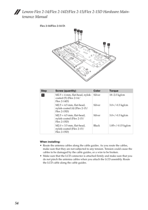 Page 58Lenovo Flex 2-14/Flex 2-14D/Flex 2-15/Flex 2-15D Hardware Main-
tenance Manual
54
Flex 2-14/Flex 2-14 D:
When installing:
 Route the antenna cables along the cable guides. As you route the cables, 
make sure that they are not subjected to any tension. Tension could cause the 
cables to be damaged by the cable guides, or a wire to be broken.
 Make sure that the LCD connector is attached firmly and make sure that you 
do not pinch the antenna cables when you attach the LCD assembly. Route 
the LCD cable...